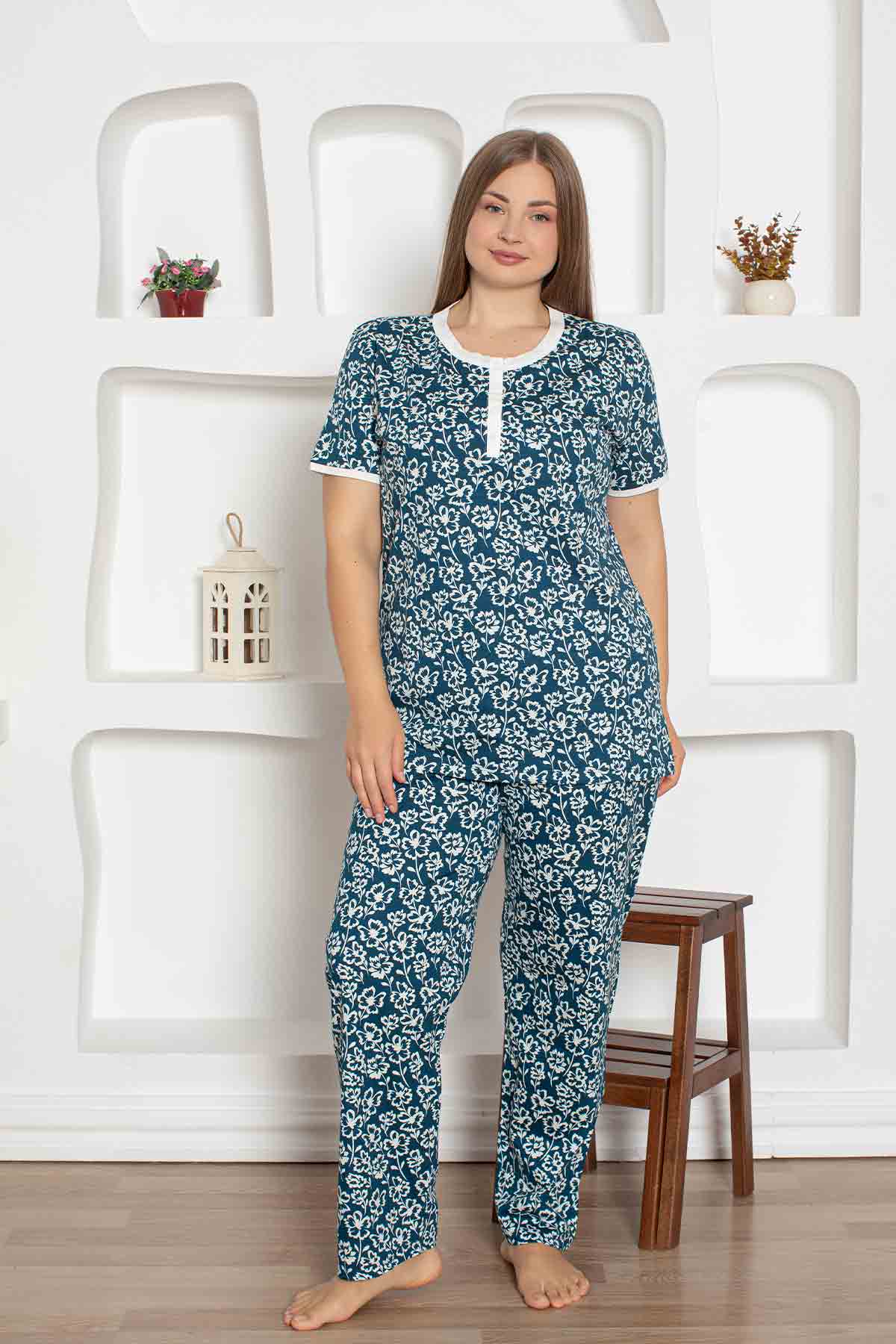 İndigo Çiçek Desenli Büyük Beden Bayan Pijama Takımı 2794KYB