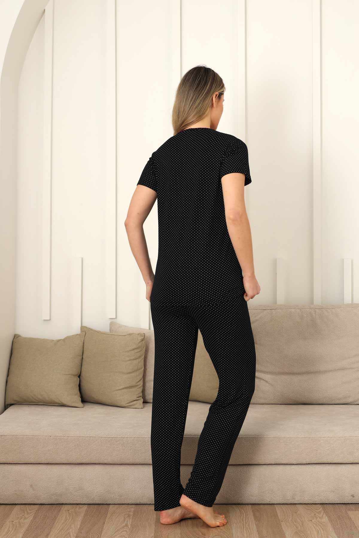 Fiyonklu Kadın Pijama Takımı - Siyah Puantiyeli Kısa Kol Likralı 2828KY