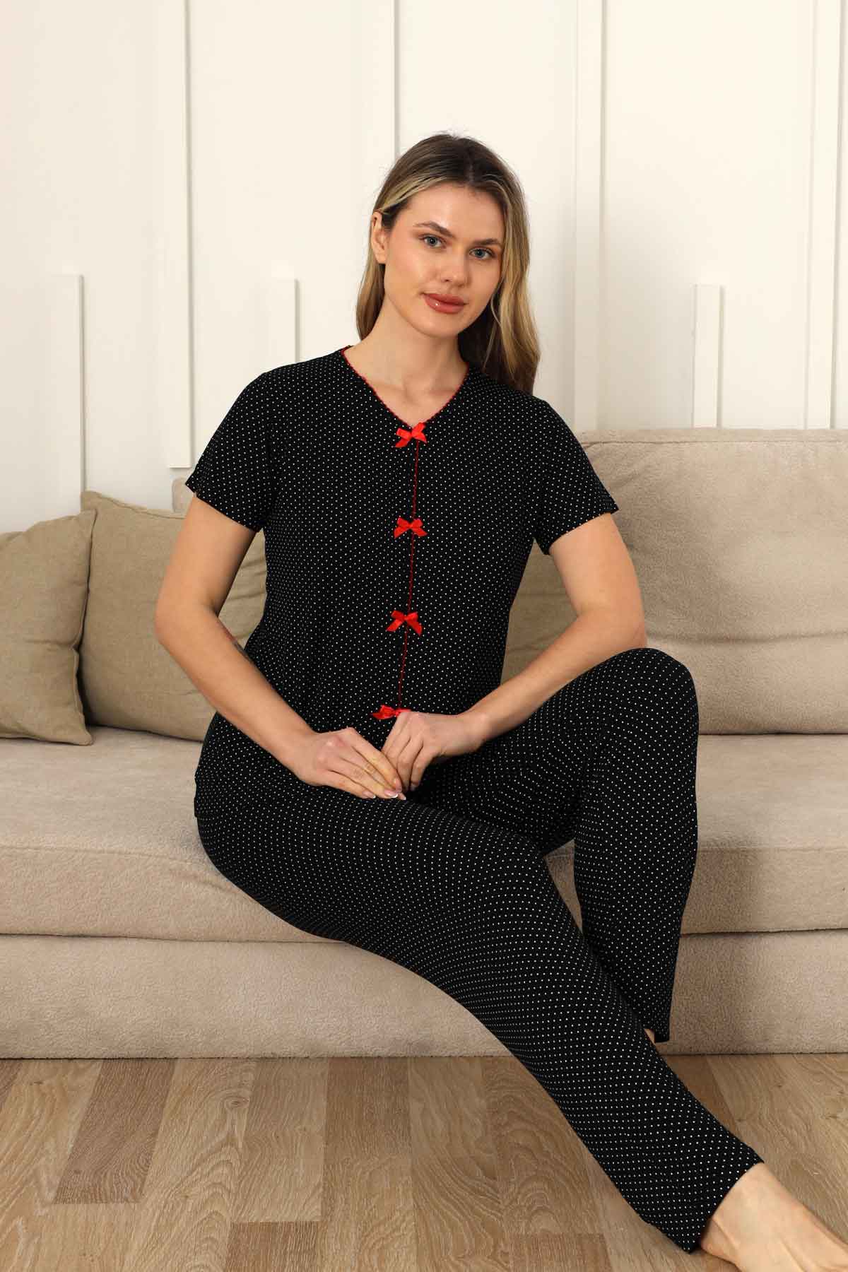 Fiyonklu Kadın Pijama Takımı - Siyah Puantiyeli Kısa Kol Likralı 2828KY