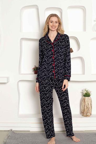 Kadın Pijama Takımı - Yıldız Desenli Önden Düğmeli Uzun Kollu Penye 2536UY