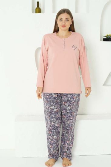 Çiçek Desenli Büyük Beden Kadın Pijama Takımı - Pudra Nakışlı Penye 2767UYB