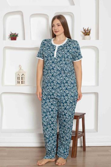 İndigo Çiçek Desenli Büyük Beden Bayan Pijama Takımı 2794KYB
