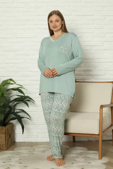 Büyük Beden Kadın Pijama Takımı - Yeşil V Yaka Uzun Kollu Likralı Kumaş 2824UYB