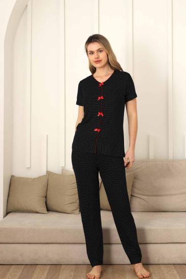 Fiyonklu Kadın Pijama Takımı - Siyah Puantiyeli Kısa Kol Likralı 2828KY