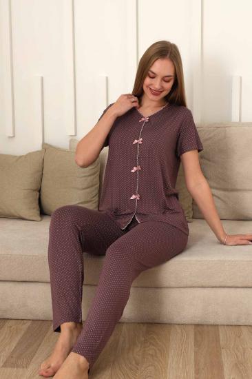 Fiyonklu Kadın Pijama Takımı - Gülkurusu Puantiyeli Kısa Kol Likralı 2828KY