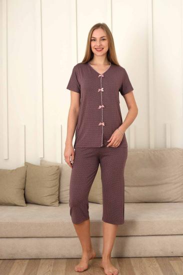 Fiyonklu Kadın Pijama Takımı - Gülkurusu Puantiyeli Kapri Likralı 2828B