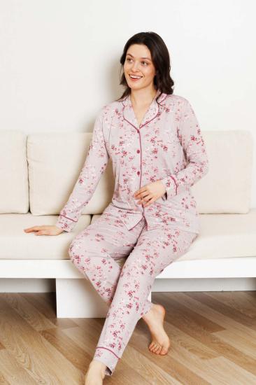 Önden Düğmeli Kadın Pijama Takımı - Uzun Kol Likralı Rink Viskon 2844UY
