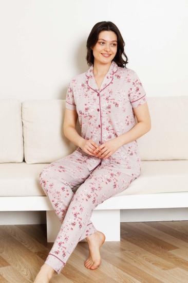 Önden Düğmeli Kadın Pijama Takımı - Kısa Kol Likralı Rink Viskon 2844KY