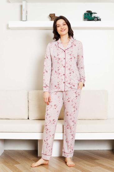 Önden Düğmeli Kadın Pijama Takımı - Uzun Kol Likralı Rink Viskon 2844UY