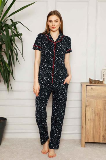 Kadın Pijama Takımı - Yıldız Desenli Önden Düğmeli Kısa Kollu Penye 2536KY