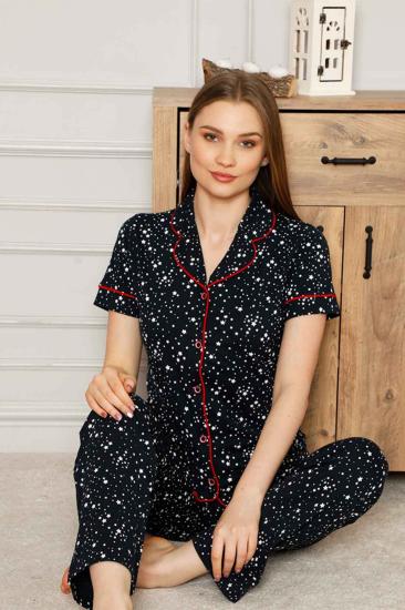 Kadın Pijama Takımı - Yıldız Desenli Önden Düğmeli Kısa Kollu Penye 2536KY