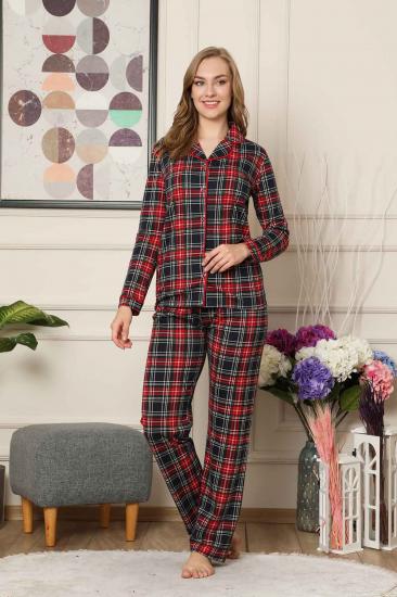 Kareli Önden Düğmeli Uzun Kollu Likralı Viskon Bayan Pijama Takımı 2523UY