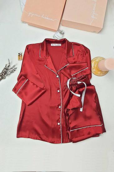 İpek Saten Boydan Düğmeli Kadın Pijama Takımı - Bordo Erkek Yaka Fiyonklu 8004MS