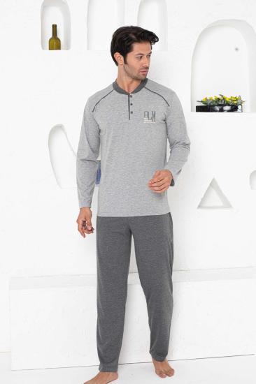 Erkek Pijama Takımı - Gri Arma Nakışlı Uzun Kollu Penye 1187UY