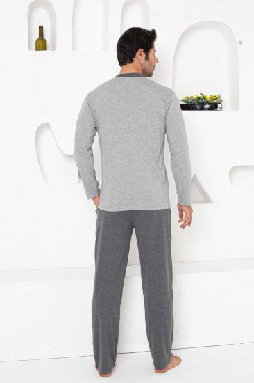 Erkek Pijama Takımı - Gri Arma Nakışlı Uzun Kollu Penye 1187UY