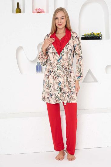 Sabahlıklı Pijama Takımı - Kırmızı Dantel Detaylı 3 Parça Likralı 2741