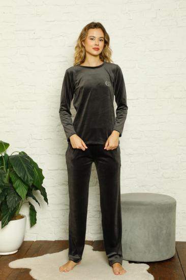 Kadife Kadın Pijama Takımı - İthal Kadife Füme Nakışlı Cepli 2598UK