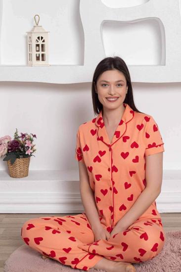 Önden Düğmeli Kadın Pijama Takımı - Somon Kalp desenli Penye 2783KY