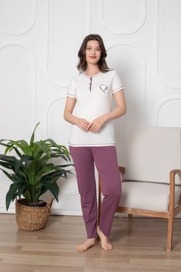 Ekru Üç Düğmeli Nakışlı Bayan Pijama Takımı 2790KY