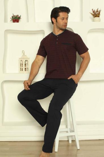 Desenli Erkek Pijama Takımı - Bordo Renk Kısa Kollu Penye 1204KY