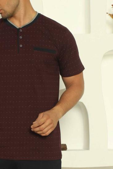 Desenli Erkek Pijama Takımı - Bordo Renk Kısa Kollu Penye 1204KY