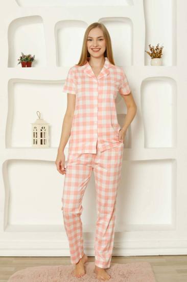Ekoseli Önden Düğmeli Kadın Pijama Takımı - Pembe Kısa Kollu Penye 2793KY