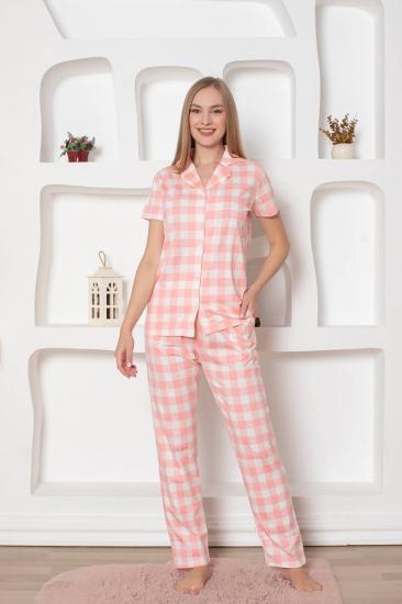 Ekoseli Önden Düğmeli Kadın Pijama Takımı - Pembe Kısa Kollu Penye 2793KY