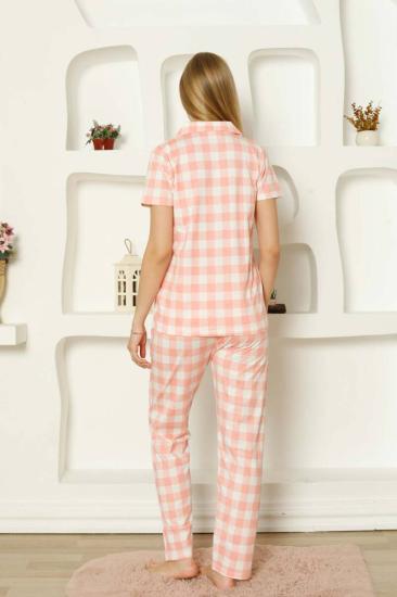 Ekoseli Önden Düğmeli Kadın Pijama Takımı - Pembe Kısa Kollu Penye 2793KY