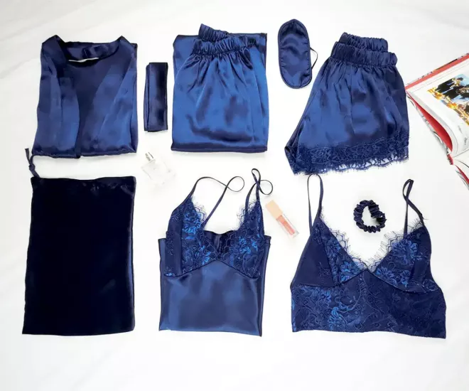 İpek Saten 8 li Çeyizlik Pijama Seti - Lacivert Dantelli Sabahlık Gecelik Şort 8000MS