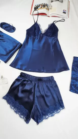İpek Saten 8 li Çeyizlik Pijama Seti - Lacivert Dantelli Sabahlık Gecelik Şort 8000MS