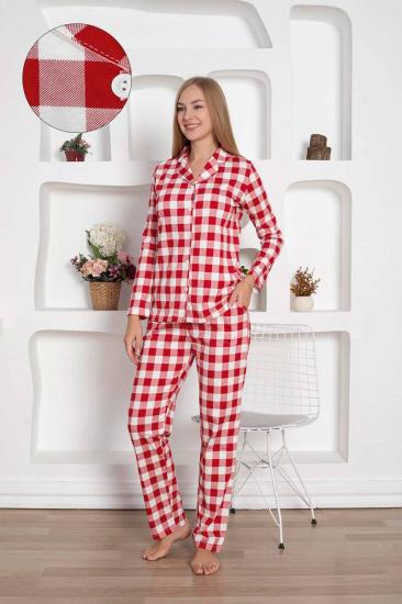 Ekoseli Önden Düğmeli Kadın Pijama Takımı - Kırmızı Uzun Kollu Penye 2793UY