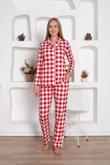 Ekoseli Önden Düğmeli Kadın Pijama Takımı - Kırmızı Uzun Kollu Penye 2793UY