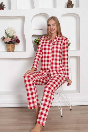 Ekoseli Önden Düğmeli Kadın Pijama Takımı - Kırmızı Uzun Kollu Penye 2793UY