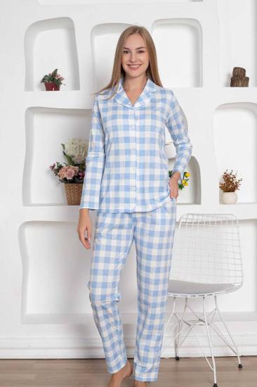 Ekoseli Önden Düğmeli Kadın Pijama Takımı - Mavi Uzun Kollu Penye 2793UY
