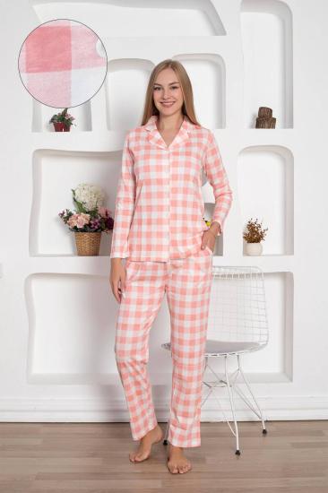 Ekoseli Önden Düğmeli Kadın Pijama Takımı - Pembe Uzun Kollu Penye 2793UY