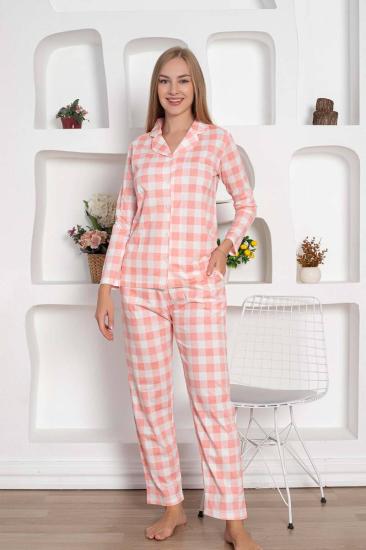 Ekoseli Önden Düğmeli Kadın Pijama Takımı - Pembe Uzun Kollu Penye 2793UY