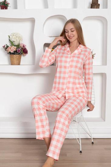 Ekoseli Önden Düğmeli Kadın Pijama Takımı - Pembe Uzun Kollu Penye 2793UY