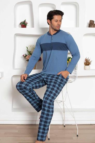 Ekoseli Erkek Pijama Takımı - İndigo Uzun Kollu Penye 1185UY