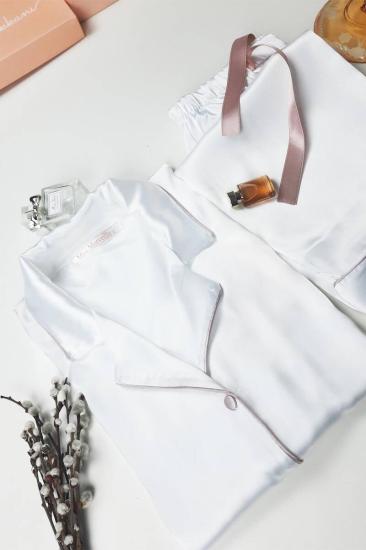 İpek Saten Boydan Düğmeli Kadın Pijama Takımı - Beyaz Erkek Yaka Fiyonklu 8004MS