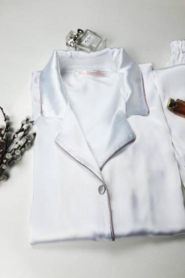 İpek Saten Boydan Düğmeli Kadın Pijama Takımı - Beyaz Erkek Yaka Fiyonklu 8004MS