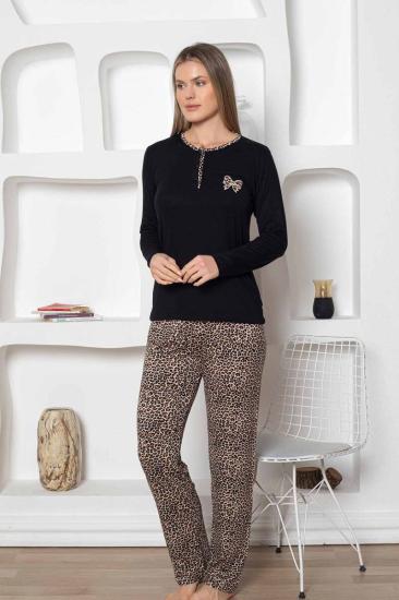 Leopar desenli Kadın Pijama Takımı - Fiyonk Nakışlı Likralı 2805UY