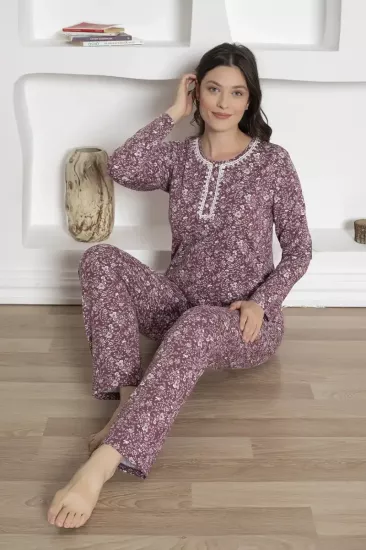 Çiçek Desenli Kadın Pijama Takımı - Likralı Penye Uzun Kollu 2809UKL