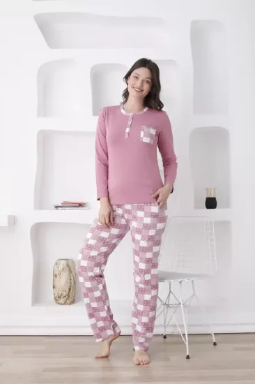 Ekoseli Kadın Pijama Takımı - Gülkurusu Likralı Penye 2813UKL