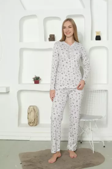 Çiçek Desenli Kadın Pijama Takımı -Dantel Yakalı  Uzun Kollu Penye 2822UK