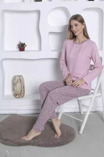 Nakış Detaylı Kadın Pijama Takımı - Gülkurusu Uzun Kollu Penye 2818UK