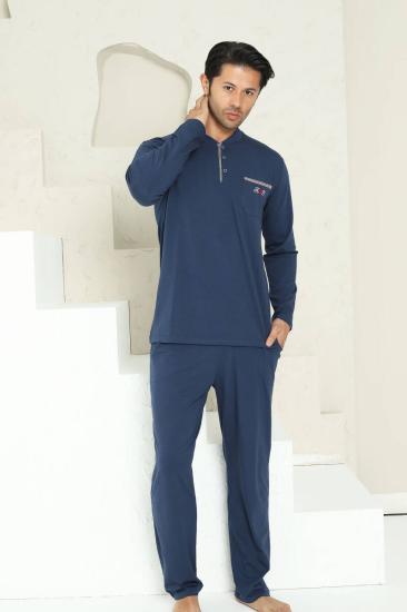 Erkek Pijama Takımı - İndigo Arma Nakışlı Likralı Uzun Kollu Penye 1194UY