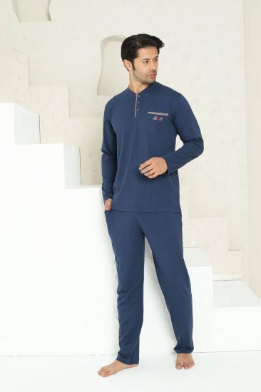 Erkek Pijama Takımı - İndigo Arma Nakışlı Likralı Uzun Kollu Penye 1194UY