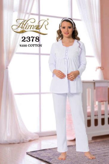 Hamile Lohusa Pijama Takımı - Ekru Dantel Detaylı Saç Bantlı Uzun Kollu 2378