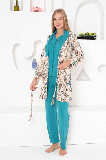 Sabahlıklı Pijama Takımı - Zümrüt Dantel Detaylı 3 Parça Likralı 2741
