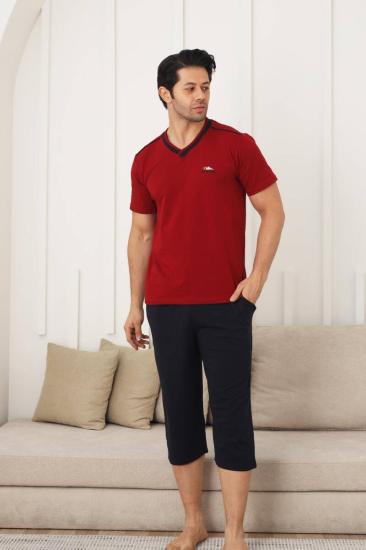 Erkek Pijama Takımı - Bordo Arma Nakışlı Likralı V Yaka Bermuda 1212B